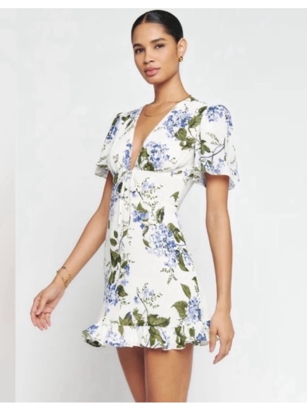 Reformation Mya Flower Mini Dress In Riviera Cream and Blue Size 6 NWOT